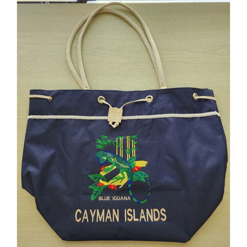 Tote-Canvas-Cayman Islands-Blue Iguane-Embroidered-Dark Blue-Beach Bag